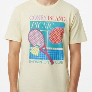 Coney Island Picnic Pale Yellow Graphic T-Shirt | Badminton Print | Size Large